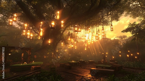 Enchanting Jungle Gathering Place Illuminated by Hanging Lanterns