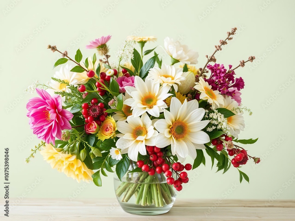 Fototapeta premium Summer florals in a vase with greenery and berries, roses, greenery, garden decor