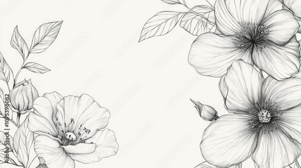 Line art illustration featuring hand drawn flowers and leaves Line art illustration featuring hand drawn flowers and leaves