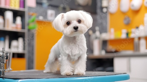 Cute White Maltese Dog in Grooming Salon photo