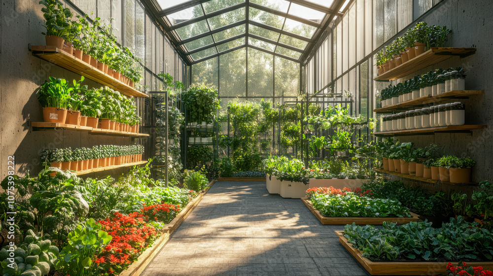 Sunlit greenhouse with diverse plants and flowers in a serene indoor garden setting Sunlit greenhouse with diverse plants and flowers in a serene indoor garden setting