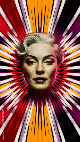 A captivating cinematic portrait of a dazzling background inspired by an optical illusion. The vibrant palette includes red, yellow,purple, white and black, creating a sense of movement and energy