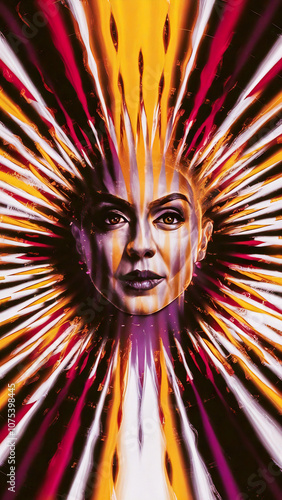 A captivating cinematic portrait of a dazzling background inspired by an optical illusion. The vibrant palette includes red, yellow,purple, white and black, creating a sense of movement and energy
