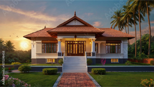 Entrance view of a lovely Farm House in India with a charming lawn & Coconut trees around, sun setting in the background giving a feast to the viewers eyes