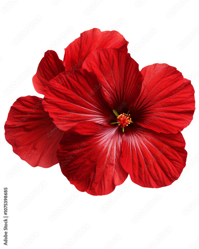 A vibrant red hibiscus flower showcasing its large, textured petals and prominent stamen. A vibrant red hibiscus flower showcasing its large, textured petals and prominent stamen.