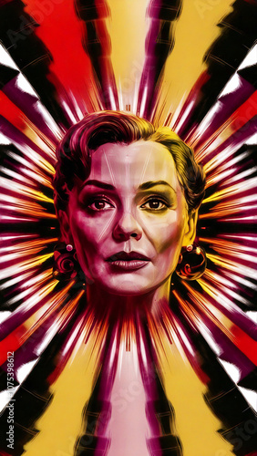 A captivating cinematic portrait of a dazzling background inspired by an optical illusion. The vibrant palette includes red, yellow,purple, white and black, creating a sense of movement and energy