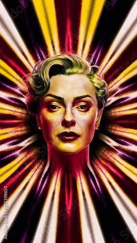 A captivating cinematic portrait of a dazzling background inspired by an optical illusion. The vibrant palette includes red, yellow,purple, white and black, creating a sense of movement and energy