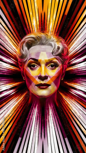 A captivating cinematic portrait of a dazzling background inspired by an optical illusion. The vibrant palette includes red, yellow,purple, white and black, creating a sense of movement and energy