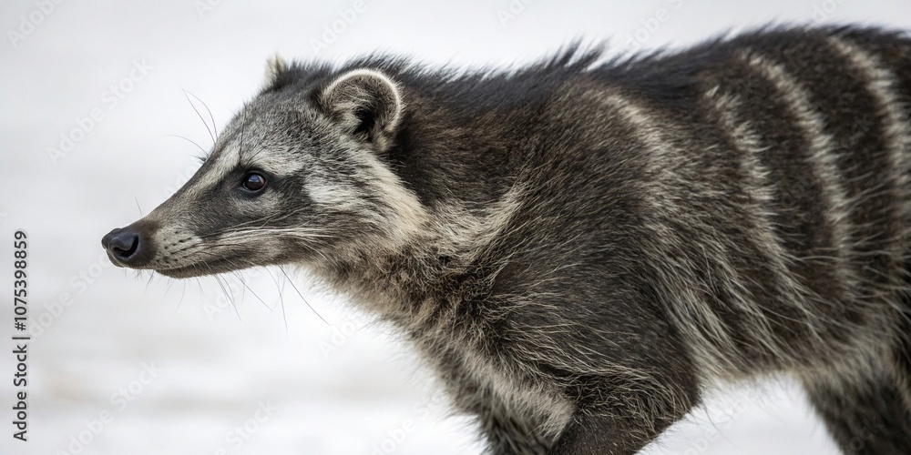 Naklejka premium Dark grey fur with lighter grey stripes and white markings on the face, giving a ghostly appearance, moonlight, ghostly appearance, night scenes, dark grey fur, wildlife photography