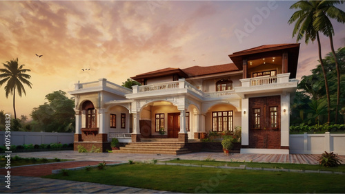 Entrance view of a Beautiful Brick Roof House in India with a lovely lawn & Coconut trees around, sun setting in the background giving a feast to the viewers eyes photo