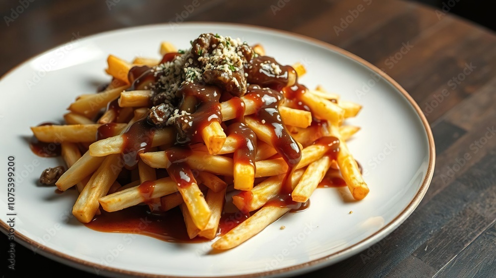 A steaming hot serving of French fries piled high on a large plate, smothered in a decadent and aromatic truffle sauce that's been drizzled artfully over the top., steaming, savory, truffle sauce A steaming hot serving of French fries piled high on a large plate, smothered in a decadent and aromatic truffle sauce that's been drizzled artfully over the top., steaming, savory, truffle sauce