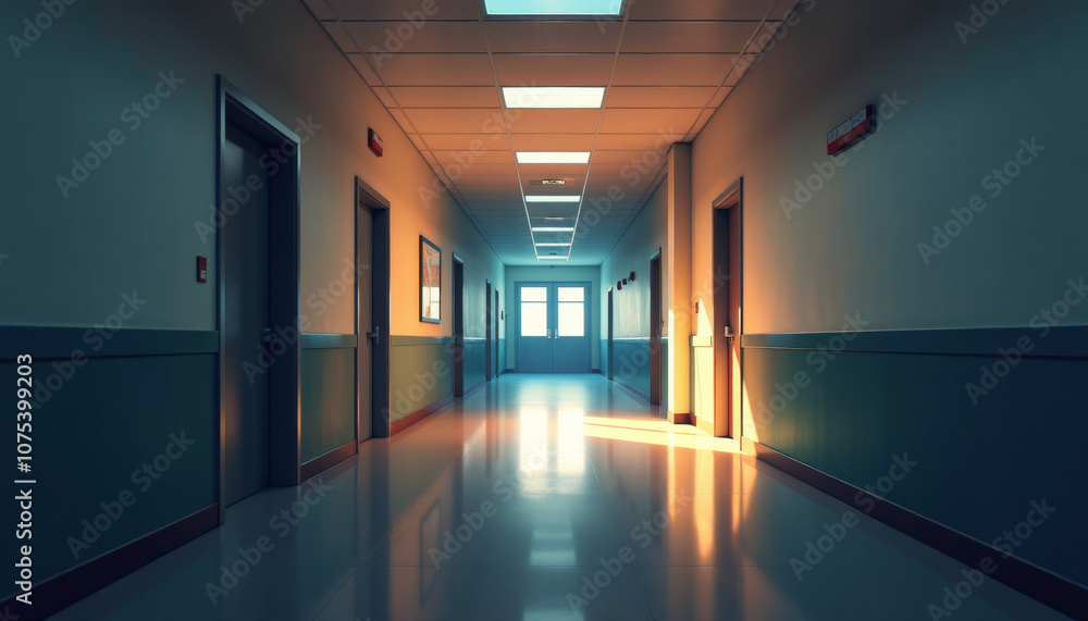 Empty School Corridor in Sunlight Empty School Corridor in Sunlight