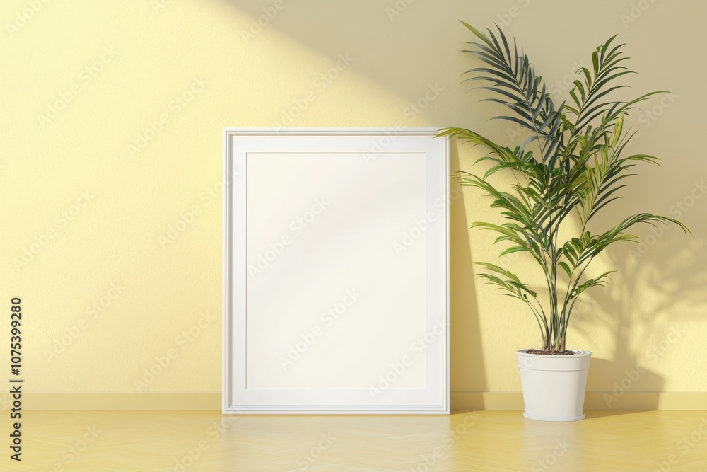 A blank picture frame beside a potted plant against a yellow wall. A blank picture frame beside a potted plant against a yellow wall.
