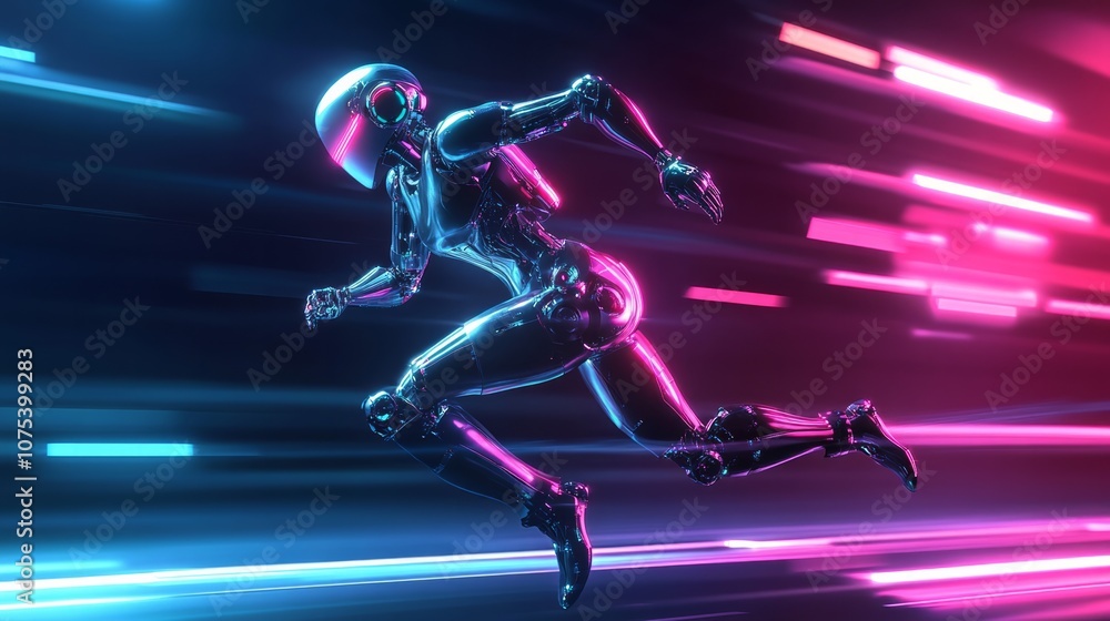 a futuristic robot running, neon lights a futuristic robot running, neon lights