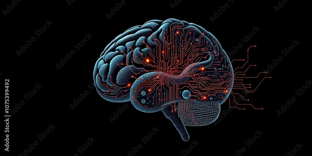A detailed illustration of a futuristic brain as a complex system of interconnected circuits and wires, set against a dark background, high-tech equipment, technological advancement A detailed illustration of a futuristic brain as a complex system of interconnected circuits and wires, set against a dark background, high-tech equipment, technological advancement