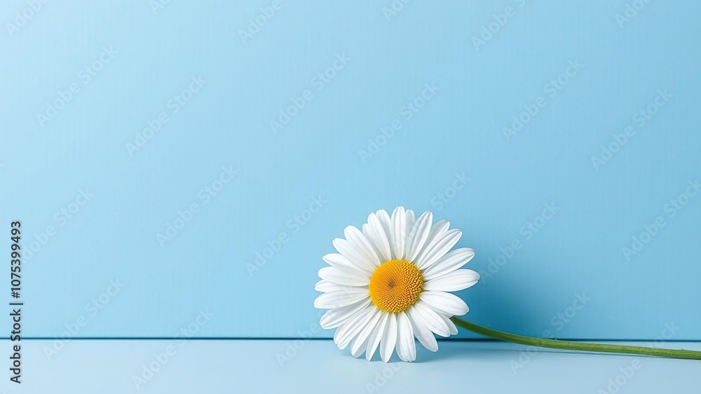 Obraz premium A delicate daisy flower placed in front of a large blue rectangle with subtle texture, striking contrast, sleek design, bold negative space