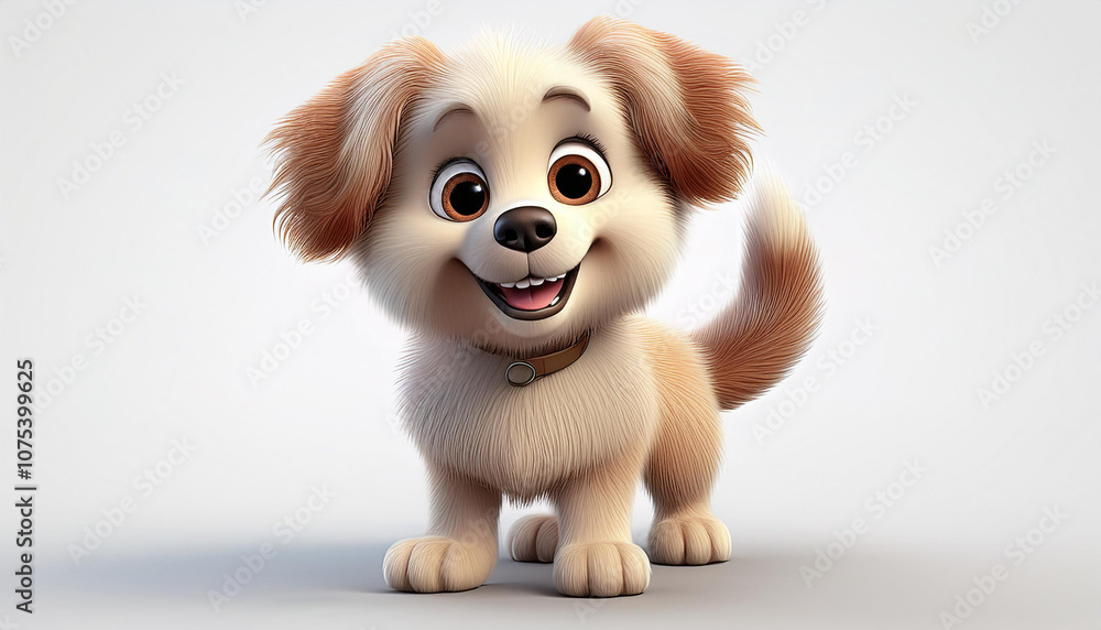 Cute fluffy white kawaii puppy with red tongue sticking out of his mouth, big smile on his face, dot eyes stands playfully isolated on white backdrop. Funny cartoon dog in minimal art style. 3d render Cute fluffy white kawaii puppy with red tongue sticking out of his mouth, big smile on his face, dot eyes stands playfully isolated on white backdrop. Funny cartoon dog in minimal art style. 3d render