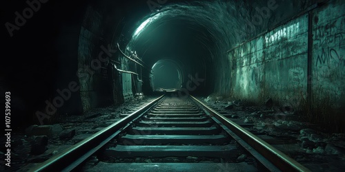 Decrepit underground tunnel with rusty rail tracks, abandoned and eerie, symbolizing urban decay.