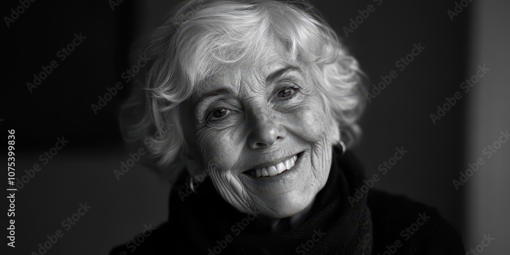 Black and white close-up portrait of an elderly woman smiling, showcasing wrinkles and experience. Black and white close-up portrait of an elderly woman smiling, showcasing wrinkles and experience.