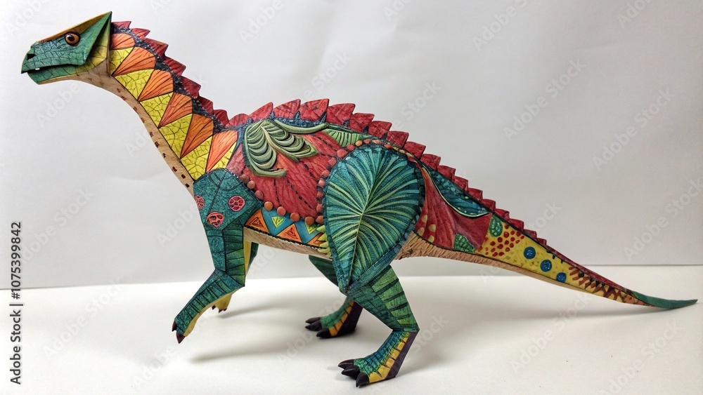 Fototapeta premium Colorful paper dinosaur with vibrant scales, paper cutout, fantasy world