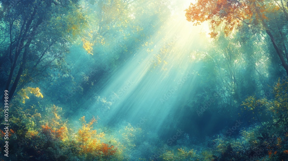 Obraz premium Sunbeams Illuminating a Misty Forest with Autumnal Hues