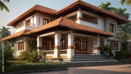 Luxurious Brick Roof Bungalow in Kerala with a beautiful garden, ancient supporting columns & Car Parking