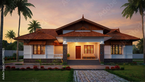 Entrance view of a Beautiful Brick Roof House in India with a lovely lawn & Coconut trees around, sun setting in the background giving a feast to the viewers eyes