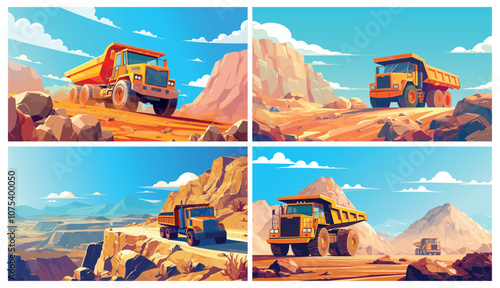 Quarry truck. Open sand pit mine large dump truck, heavy equipment transportation for mining industry set vector illustration