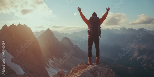 Hiker with backpack jumping and raising hands at a mountain peak, symbolizing success and freedom. photo