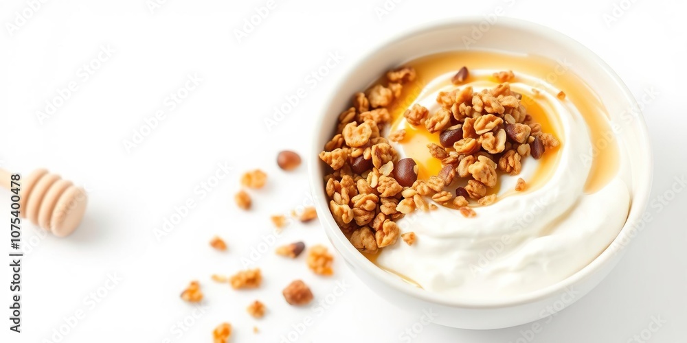 A bowl of Greek yogurt with honey and granola isolated on a white background, dairy product, probiotic, Greek yogurt A bowl of Greek yogurt with honey and granola isolated on a white background, dairy product, probiotic, Greek yogurt