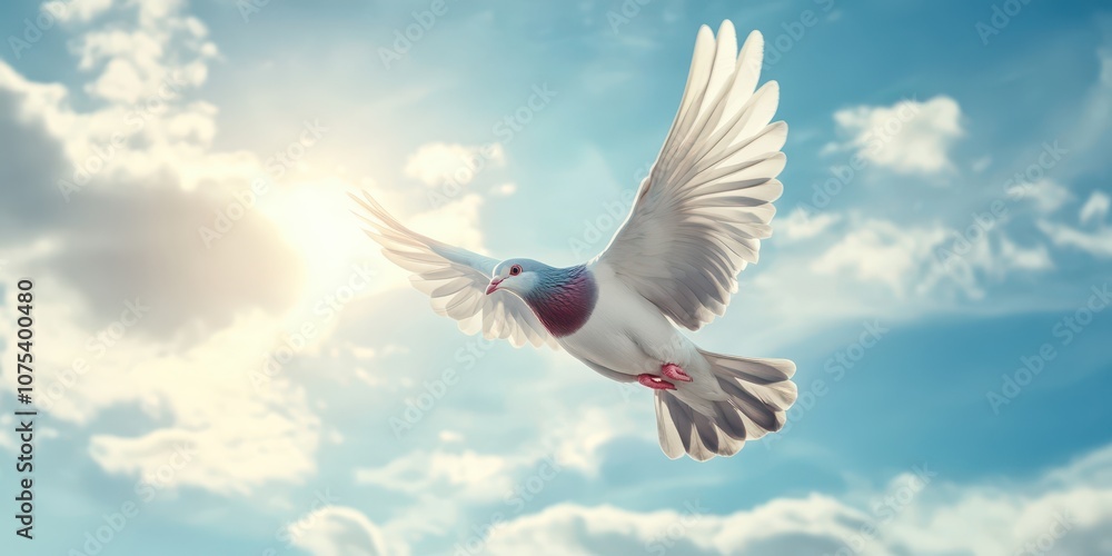 Fototapeta premium Bird flying freely in open sky, symbolizing freedom and peace.