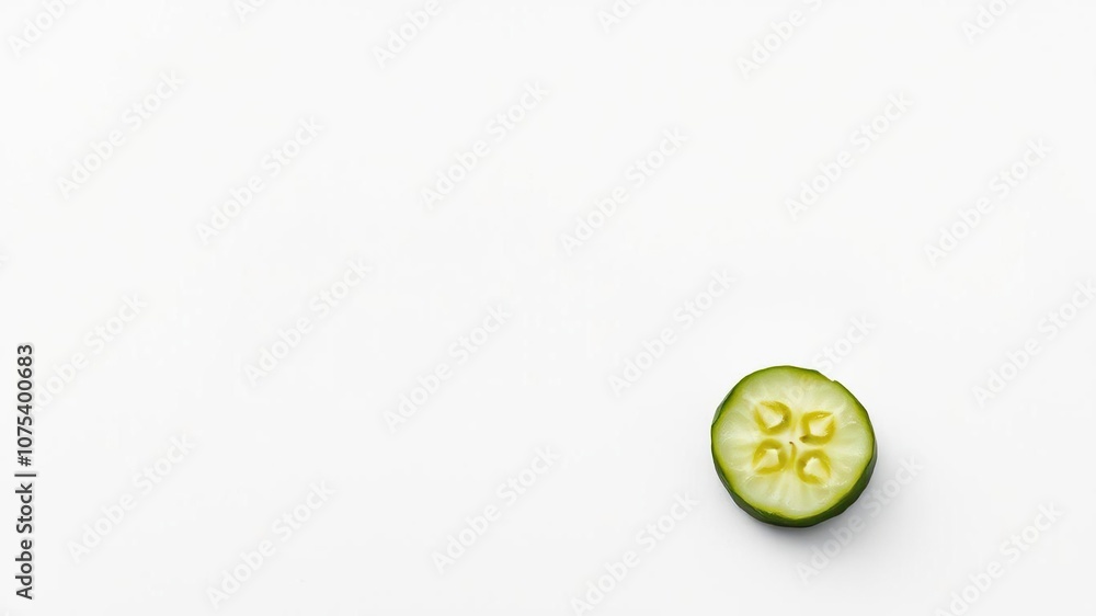 Fototapeta premium A solitary pickled cucumber slice against a stark white background with subtle shadows and texture, snack, solo food image