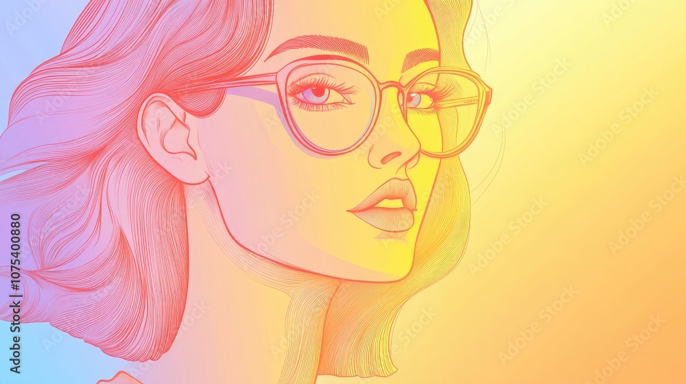 Line art illustration featuring a cool gradient drawing of a cartoon woman Line art illustration featuring a cool gradient drawing of a cartoon woman