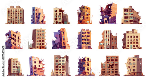 Ruined city buildings. Cartoon destroyed urban houses broken windows, town apocalyptic earthquake war ruins set vector illustration