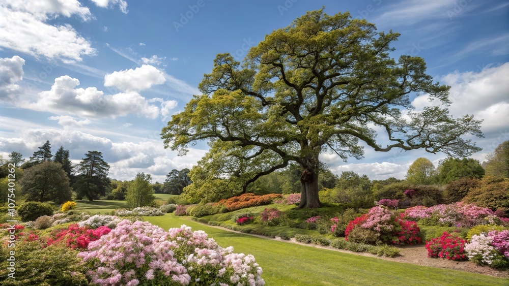 Naklejka premium Majestic oak tree stands tall amidst a tapestry of colorful flowers in a tranquil garden under a clear blue sky with puffy white clouds, sunlight, blooming, fauna, oak tree