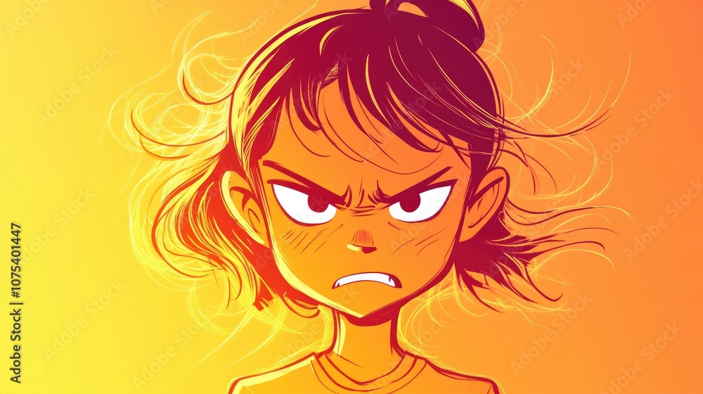 Line art illustration featuring a warm gradient of a cartoon girl expressing anger Line art illustration featuring a warm gradient of a cartoon girl expressing anger