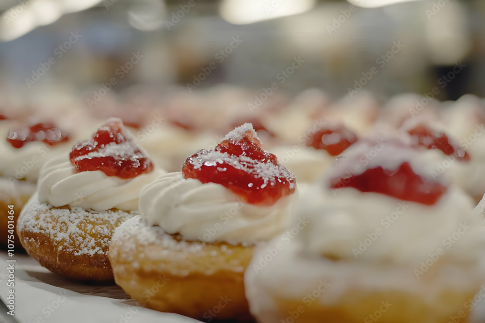 A close-up of delicious cream-filled donuts topped with strawberry jam and powdered sugar. A close-up of delicious cream-filled donuts topped with strawberry jam and powdered sugar.