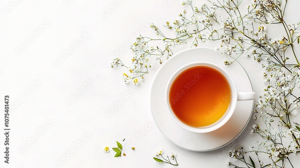 A Simple Cup of Tea Isolated on a White Background with Delicate Flowers Surrounding It for a Minimalist and Elegant Presentation