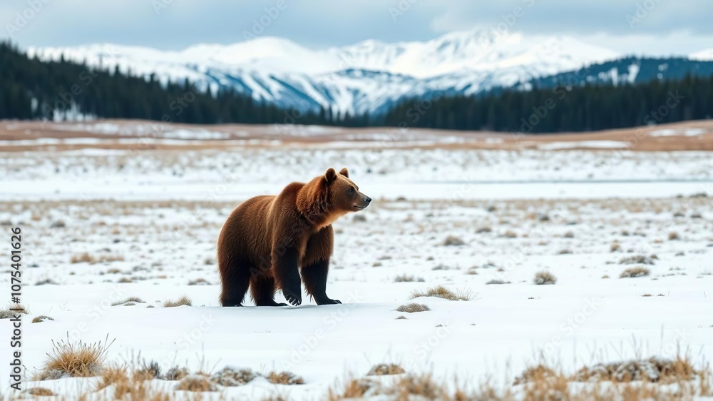A lone grizzly bear stands at the edge of a snow-covered mountain meadow, its eyes scanning the horizon for signs of prey, wild landscapes, solitary bears A lone grizzly bear stands at the edge of a snow-covered mountain meadow, its eyes scanning the horizon for signs of prey, wild landscapes, solitary bears