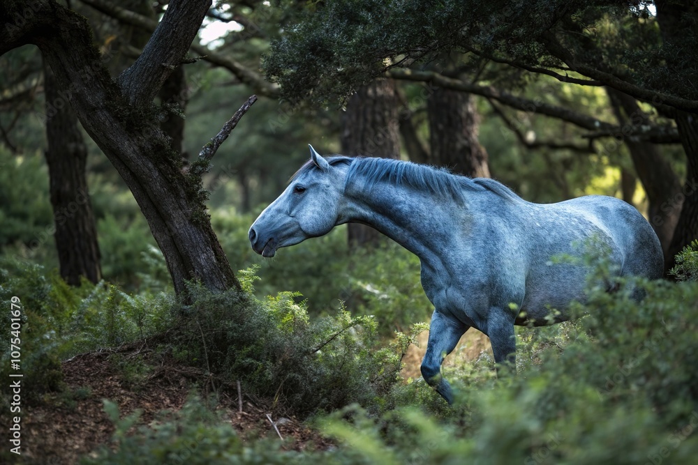 Fototapeta premium A single blue horse emerges from the underbrush, its coat shimmering like sapphires in the dappled light, as it sniffs the air with curiosity, mystical creatures, foliage, enchantment