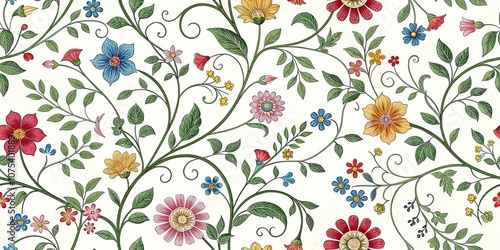 Seamless abstract floral pattern with curved vines and branches intertwined with foliage and colorful flowers, repeating, organic, flowers, color blocking, nature-inspired
