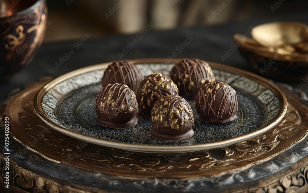 A decorative plate of chocolate truffles with elegant designs and toppings. A decorative plate of chocolate truffles with elegant designs and toppings.