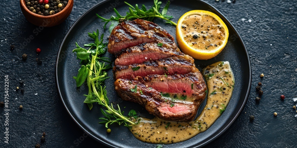 Elegant plate of steak au poivre with peppercorn sauce and fresh herb garnish, showcasing fine dining. Elegant plate of steak au poivre with peppercorn sauce and fresh herb garnish, showcasing fine dining.