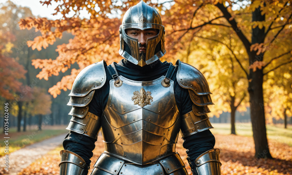 Fototapeta premium A knight stands in full armor in a forest during autumn