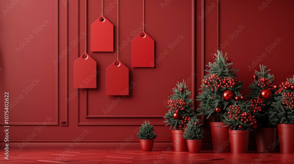 A charming indoor setting showcases several decorated red trees, adorned with ornaments, surrounded by vibrant red walls and hanging gift tags, creating a warm holiday atmosphere A charming indoor setting showcases several decorated red trees, adorned with ornaments, surrounded by vibrant red walls and hanging gift tags, creating a warm holiday atmosphere