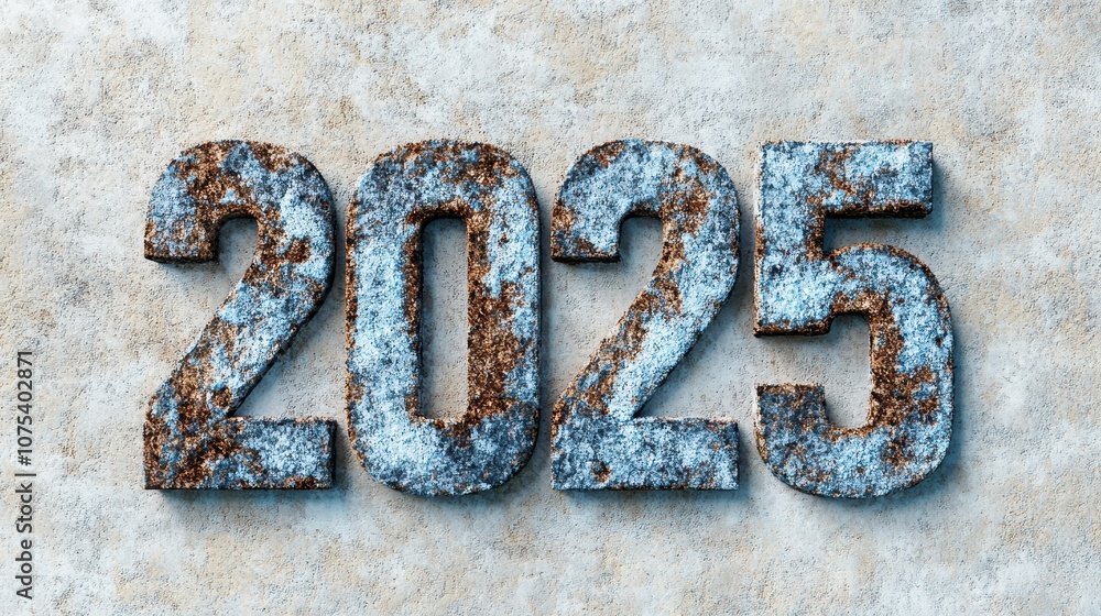 Rusty metallic numbers 2025 displayed against a concrete background, symbolizing the upcoming new year and its challenges ahead Rusty metallic numbers 2025 displayed against a concrete background, symbolizing the upcoming new year and its challenges ahead