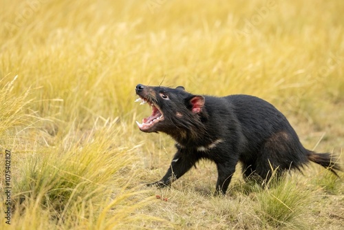 Tasmanian Devil in Yellow Grass with Open Mouth, animal behavior, ecosystem