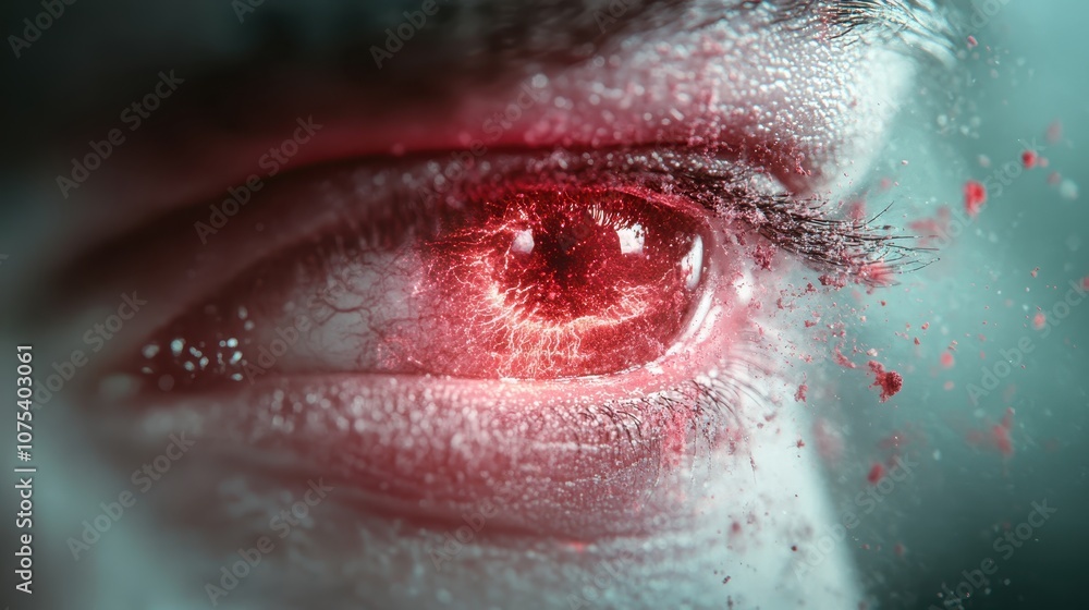 Fototapeta premium A mesmerizing close-up of an intense red eye filled with vivid detail, showcasing emotional turmoil in a surreal, dramatic atmosphere