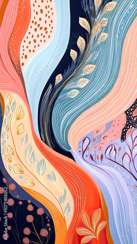 Colorful abstract patterns inspired by beach flora and fauna, featuring organic shapes and lively
