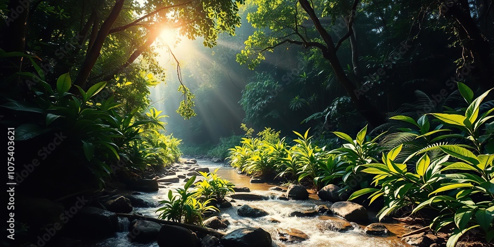 A sunlit stream flowing through a dense thicket of rainforest vegetation, with sunlight filtering through the canopy above, foliage, greenery, wilderness A sunlit stream flowing through a dense thicket of rainforest vegetation, with sunlight filtering through the canopy above, foliage, greenery, wilderness